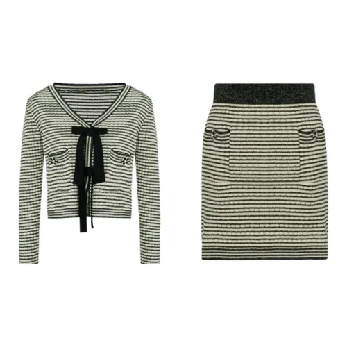 ZRAU Two Piece Skirt Sets Women's Set Black And White Stripe Shirts+Black/White Stripe Short Skirts