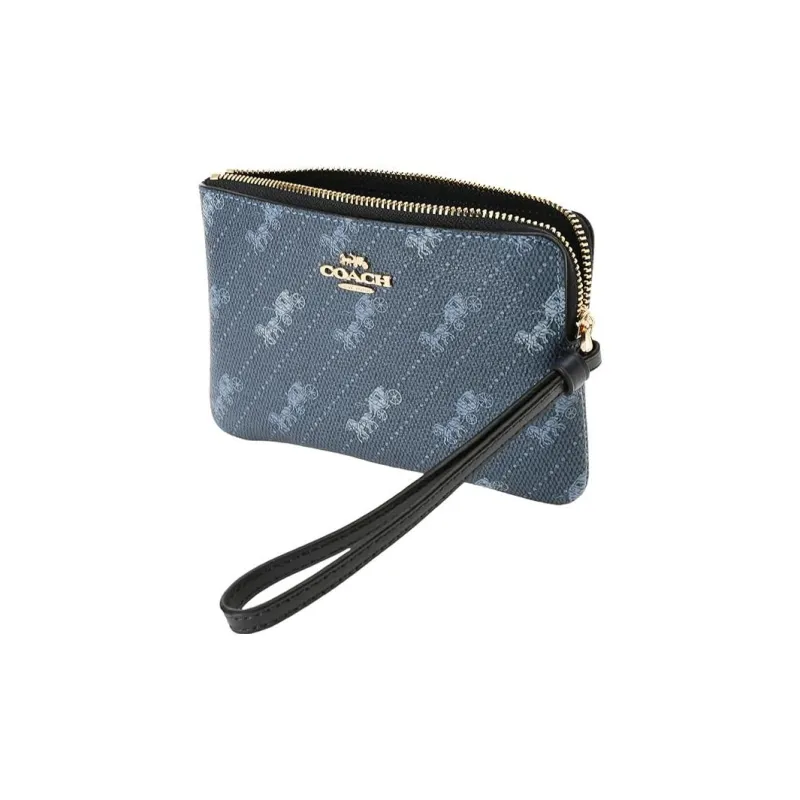 COACH Corner Zip Leather Pochette Wrist Bag Coin Purse, Clutch Women's Blue-1