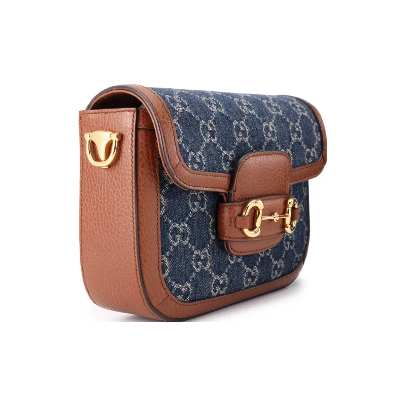 GUCCI Horsebit 1955 Leather Trim With Denim Saddle Bag, Crossbody Bag, Shoulder Bag Women's-4