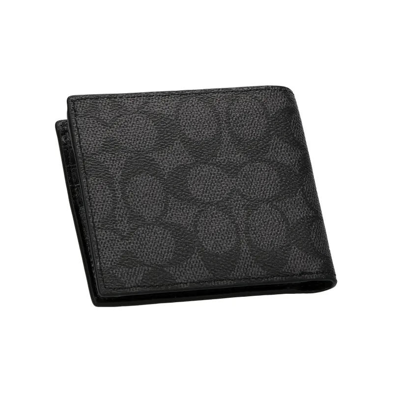COACH Signature Coated Canvas With Refined Calfskin Card Holder, Wallet Men's Black-2
