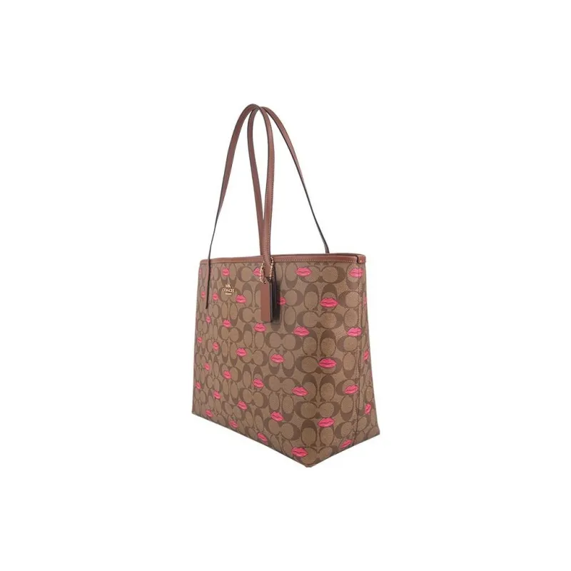 COACH City Canvas With Leather Tote Bag Shopping Bag Handbag Shoulder Bag Women's Coffee-1