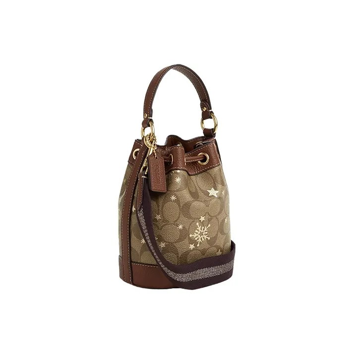 COACH Dempsey Coated Canvas With Shell Pattern Leather Bucket Bag Handbag Shoulder Bag Crossbody Bag Mini Women's Khaki-1