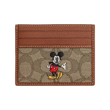 COACH Disney Collaboration Card Case Jacquard With Pebbled Leather Card Holder Mini Unisex Brass & Khaki Multicolor