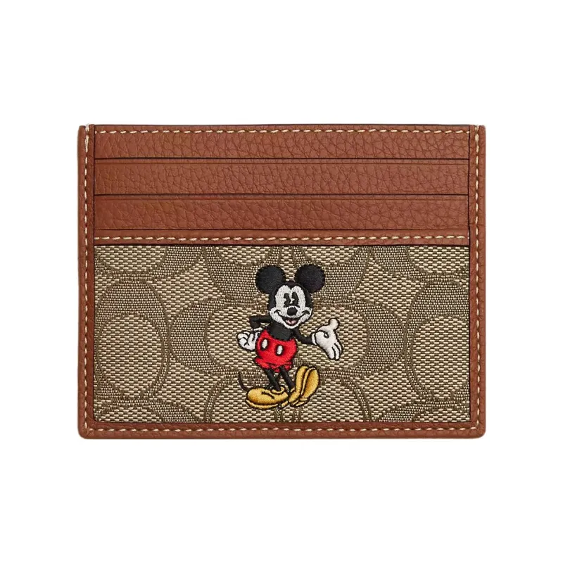 COACH Disney Collaboration Card Case Jacquard With Pebbled Leather Card Holder Mini Unisex Brass & Khaki Multicolor-0