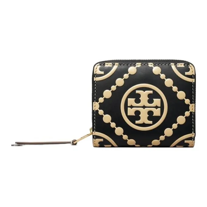 TORY BURCH Embossed Leather With Calfskin Trim Coin Purses Wallets Women's Black/White/Beige-0