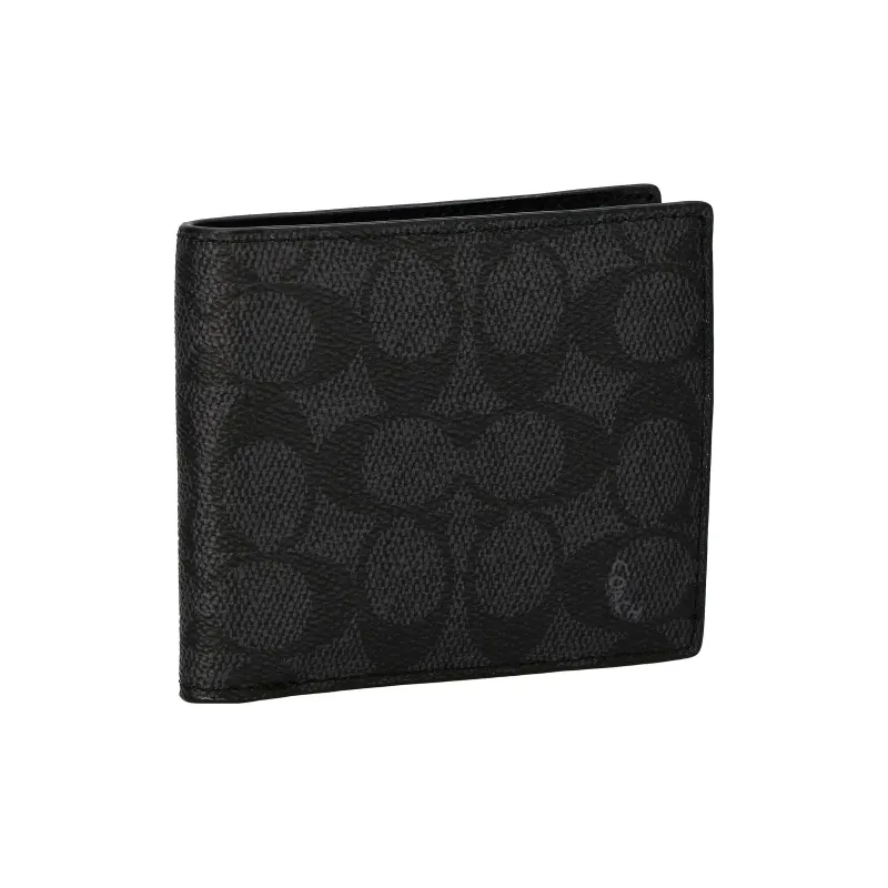 COACH Signature Coated Canvas With Refined Calfskin Card Holder, Wallet Men's Black-1
