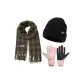 Sweet Style Small Plaid Scarf+Pink Thermal Glove+Black Thermal Hat
