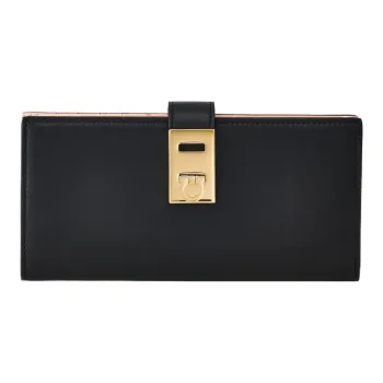 FERRAGAMO GANCINI Smooth Calf Leather Wallet Regular Women's Black & Nylund Pink