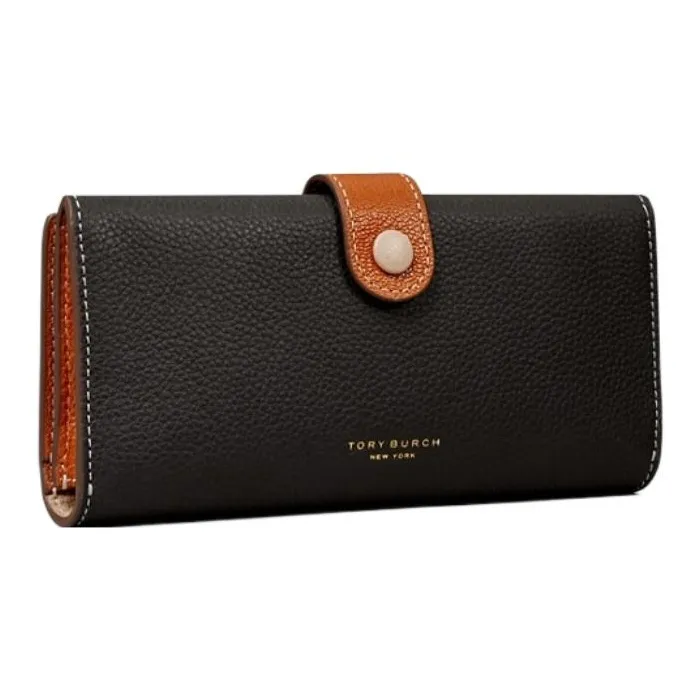 TORY BURCH Litchi Grain Leather With Calfskin Trim Coin Purses Wallets Women's Black & Brown-1