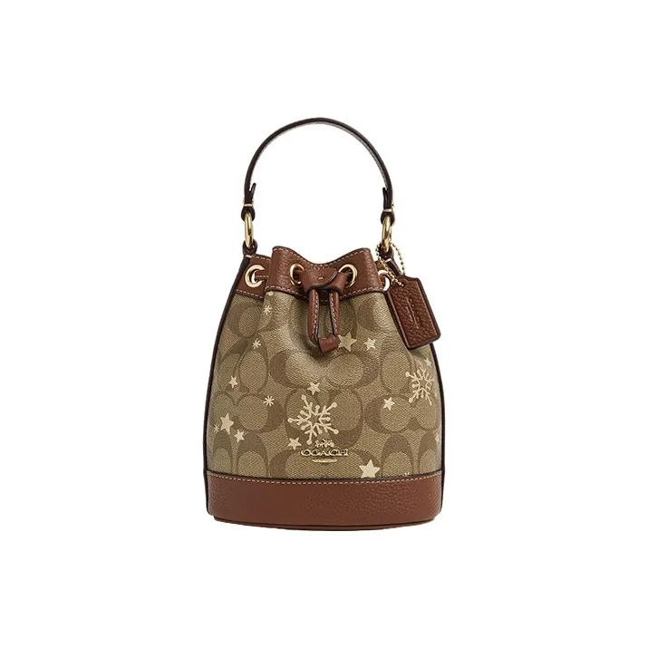 COACH Dempsey Coated Canvas With Shell Pattern Leather Bucket Bag Handbag Shoulder Bag Crossbody Bag Mini Women's Khaki-0