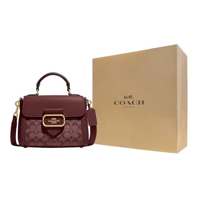 COACH Morgan Fabric Cow Leather Patchwork Handbags Shoulder Bag Crossbody Bag Small Size Women's Burgundy-6