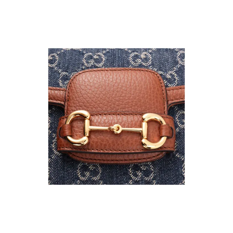 GUCCI Horsebit 1955 Leather Trim With Denim Saddle Bag, Crossbody Bag, Shoulder Bag Women's-9