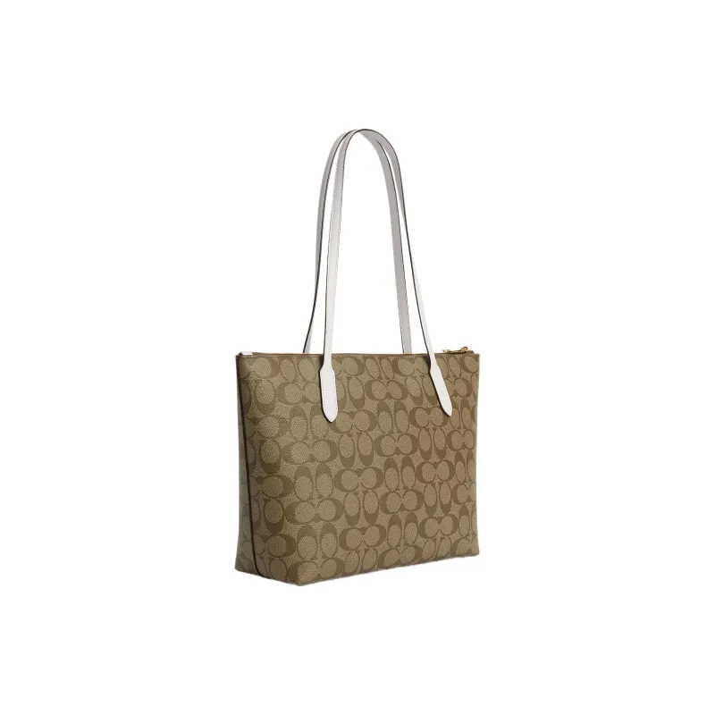 COACH Coated Canvas With Smooth Leather Tote Bag, Shopping Bag, Shoulder Bag, Handbag Tubas Women's Khaki-1