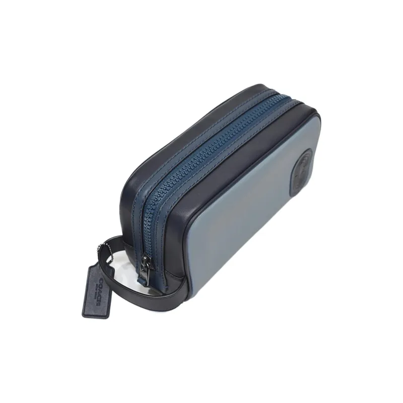 COACH Travel Kit Smooth Finish Calfskin Clutch Small Size Men's Bronze Hardware Gray & Sky Blue-2