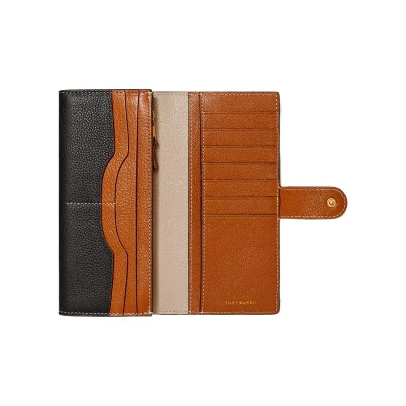 TORY BURCH Litchi Grain Leather With Calfskin Trim Coin Purses Wallets Women's Black & Brown-2