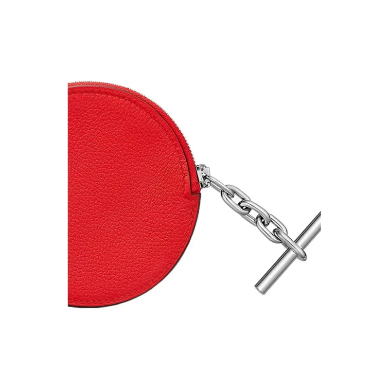 HERMES Strap Evercolor Calfskin Round Lanyard Coin Purse Card Holder Women's Heart Red-2