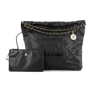 CHANEL 22Bag Grain Cow Leather Bucket Bag, Handbag, Shoulder Bag Medium Size Women's Black