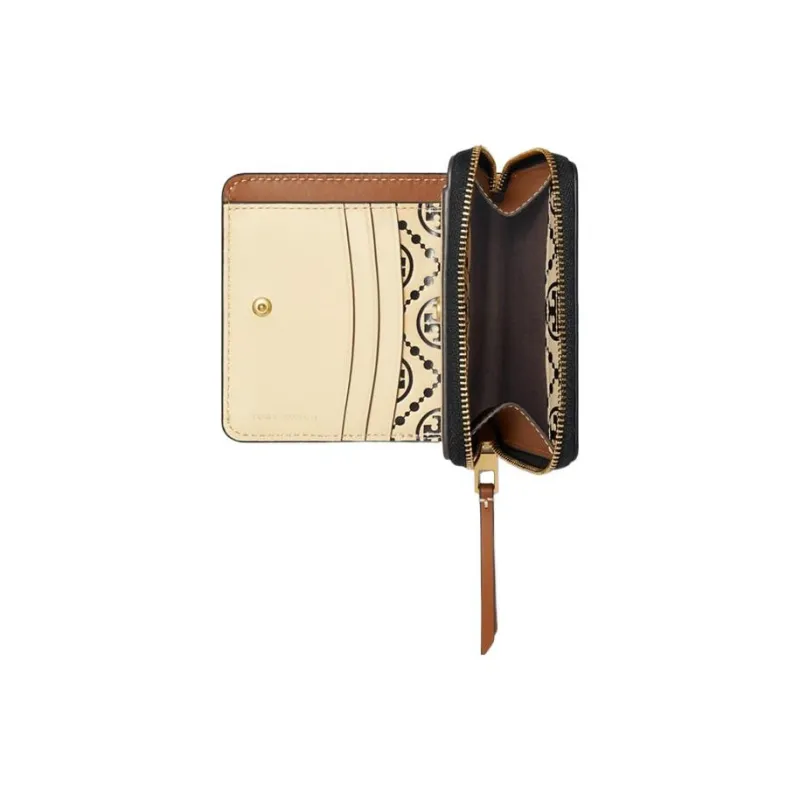 TORY BURCH Embossed Leather With Calfskin Trim Coin Purses Wallets Women's Black/White/Beige-2