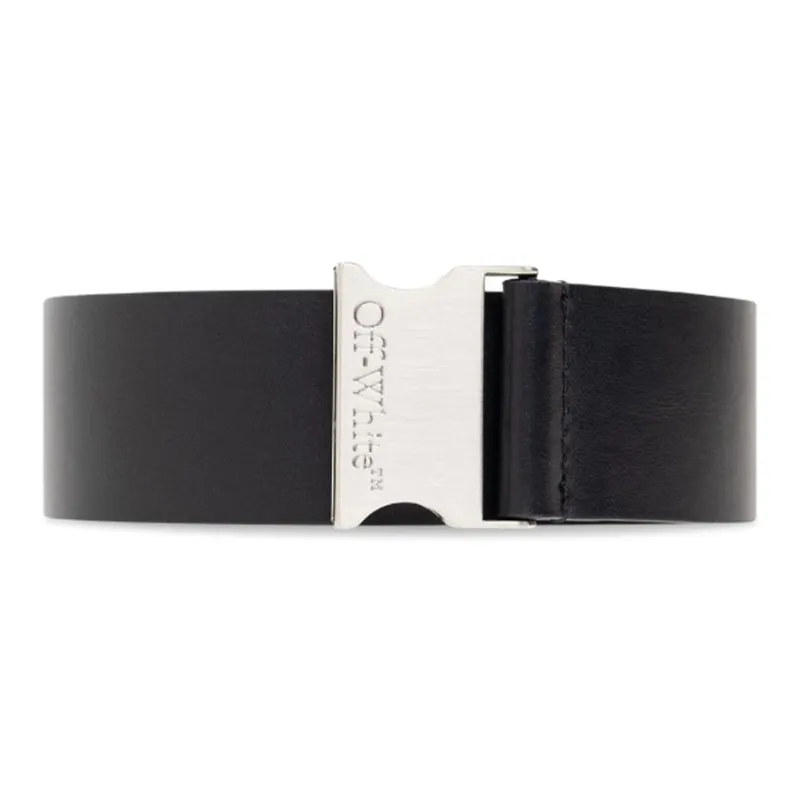 OFF-WHITE Logo Letter Engraving Decoration Calfskin Leather Belts Men's Black Width 4.5cm-0