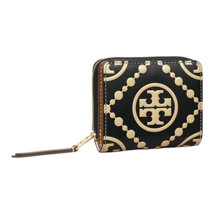TORY BURCH Embossed Leather With Calfskin Trim Coin Purses Wallets Women's Black/White/Beige-1