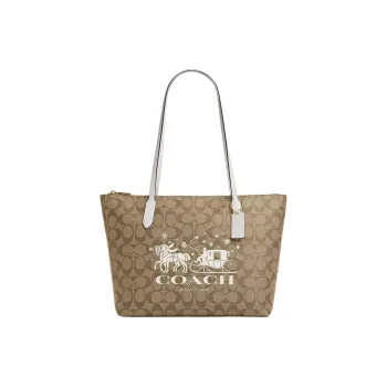 COACH Tote Coated Canvas With Smooth Leather Tote Bag Shopping Bag Shoulder Bag Handbag Large Size Women's Khaki