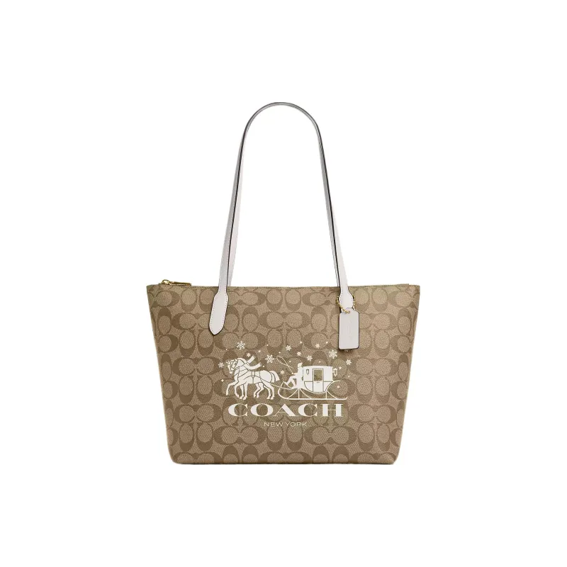 COACH Coated Canvas With Smooth Leather Tote Bag, Shopping Bag, Shoulder Bag, Handbag Tubas Women's Khaki-0