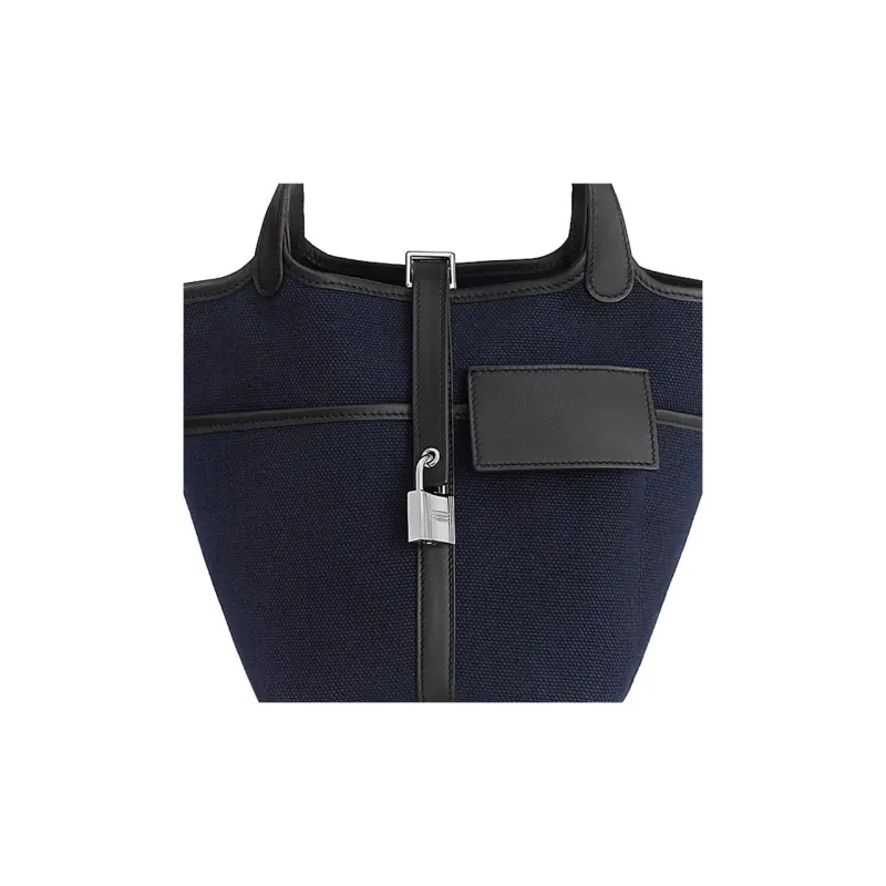 HERMES Canvas With Swift Calfskin Basket Bag Handbag Bucket Bag Unisex Deep Sea Blue & Black-4