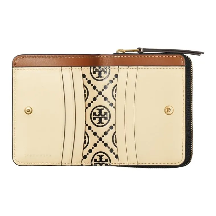 TORY BURCH Embossed Leather With Calfskin Trim Coin Purses Wallets Women's Black/White/Beige-3