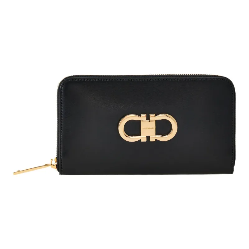 FERRAGAMO GANCINI Palm Calfskin Wallet Regular Women's Black & Flame Red-0