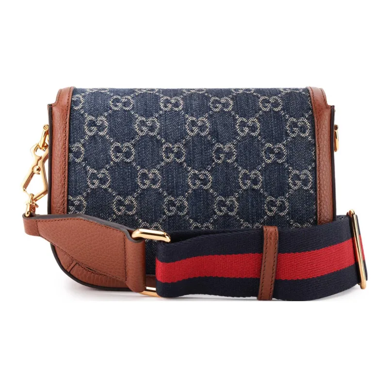 GUCCI Horsebit 1955 Leather Trim With Denim Saddle Bag, Crossbody Bag, Shoulder Bag Women's-6