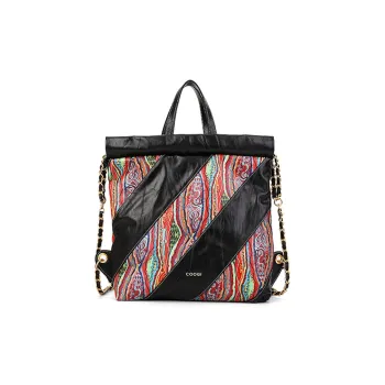 COOGI Cow Leather Hobo Bag Drawstring Bag Chain Bag Portable Backpack Women's Black