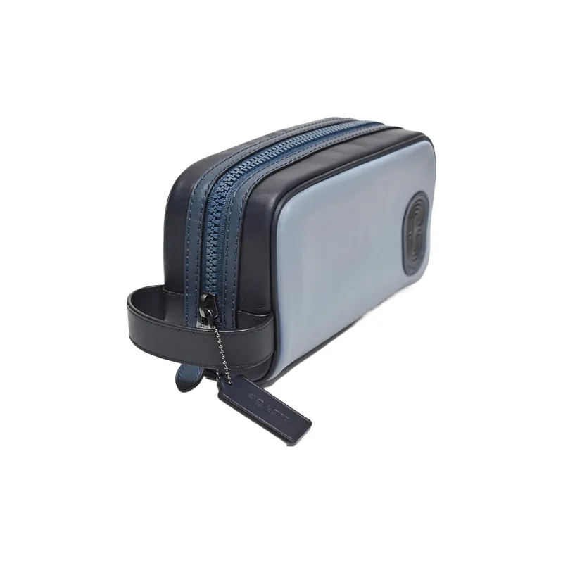 COACH Travel Kit Smooth Finish Calfskin Clutch Small Size Men's Bronze Hardware Gray & Sky Blue-1