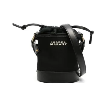 ISABEL MARANT Cotton Calfskin Bucket Bags Shoulder Bag Crossbody Bag Small Size Women's Black