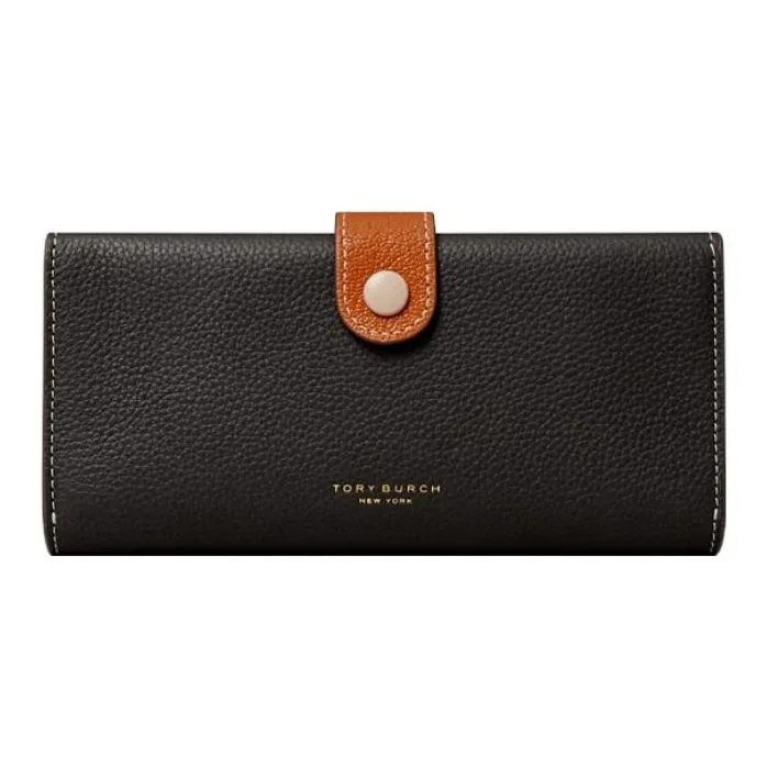 TORY BURCH Litchi Grain Leather With Calfskin Trim Coin Purses Wallets Women's Black & Brown-0