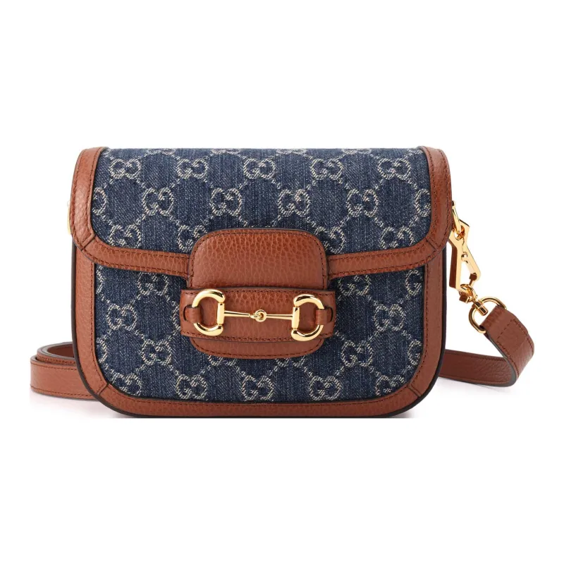 GUCCI Horsebit 1955 Leather Trim With Denim Saddle Bag, Crossbody Bag, Shoulder Bag Women's-2
