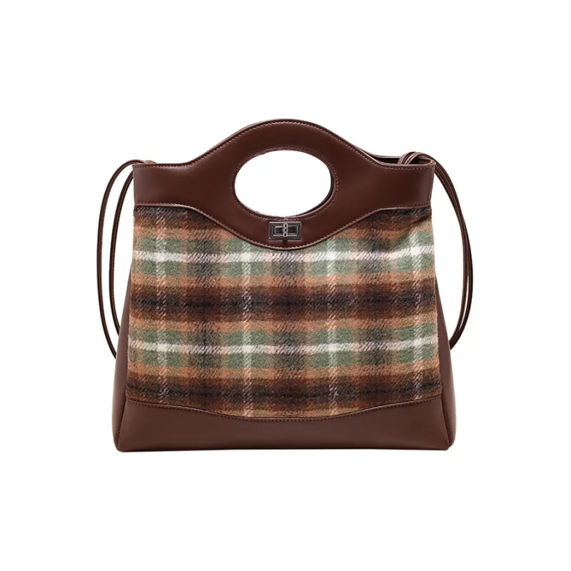 NOMK PU With Woolen Handbag Texture, Shoulder Bag, Crossbody Bag Medium Size Women's Brown Plaid/Red Plaid/Green Plaid-0