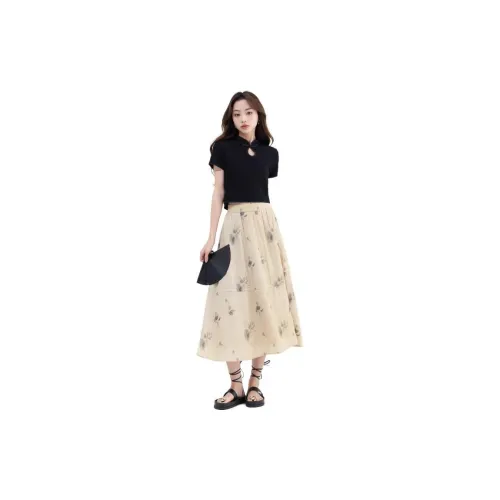 OYANXI Two Piece Skirt Sets Women's Set Black Top+Multicolor Bottom