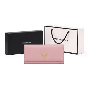 MAKEUP KITTEN Cow Leather Coin Card Clutch Wallet Women's Black/Pink