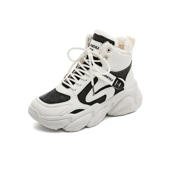 HUANQIU Anti Slip And Wear Resistant Height Increasing Warm High Top Chunky Sneakers Women's Beige Black