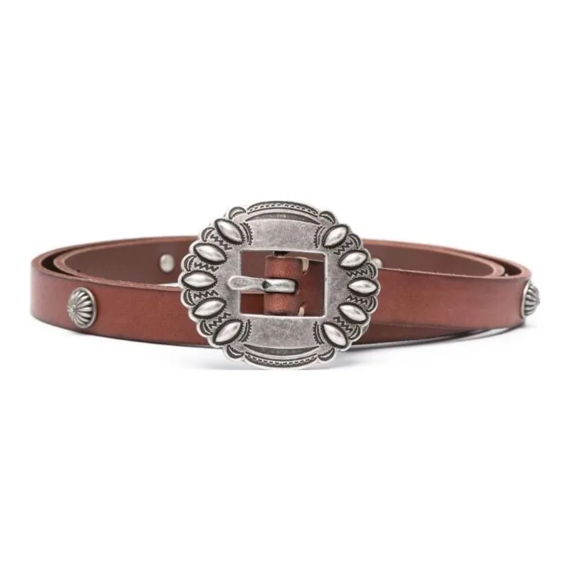 Polo Ralph Lauren Pattern Engraved Decoration Ring Buckle Calfskin Metal Leather Belts Women's Brown Width 1.5CM-0