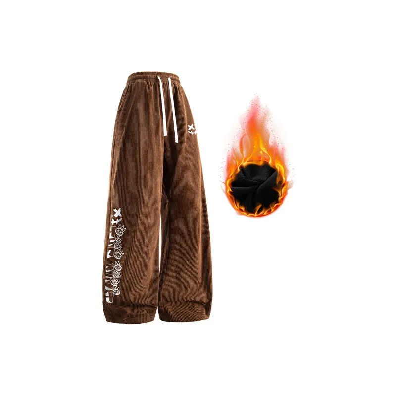 CULT OF INDIVIDUALITY Casual Pants Graffiti Print, Corduroy Thickened Loose Fit Versatile Straight Fit Pants Unisex-1