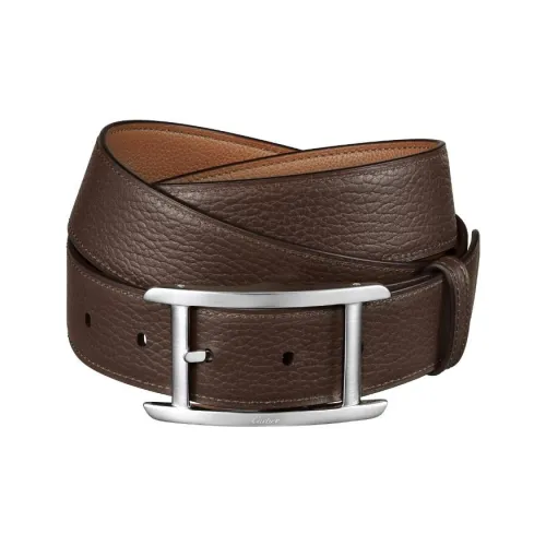 CARTIER Logo Letter Stamped Decoration Pin Buckle Calfskin Palladium-Plated Leather Belts Men's Brown Width 3.5CM