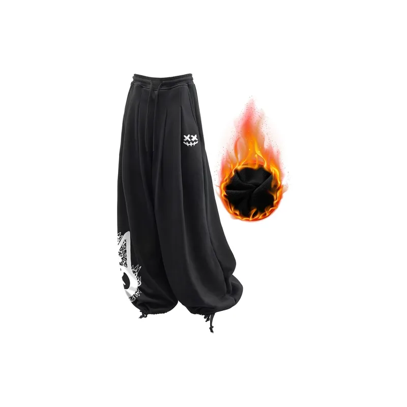 CULT OF INDIVIDUALITY Casual Pants Graffiti Print, Winter Casual Thermal Sports Elastic Cuff Wide Leg Pants Unisex-1