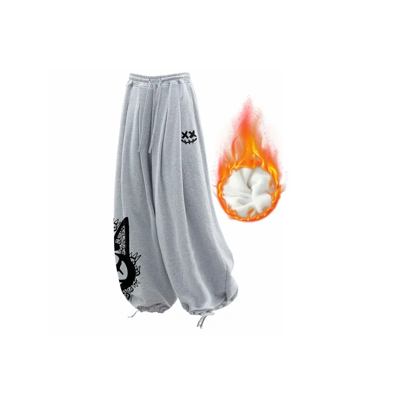 CULT OF INDIVIDUALITY Casual Pants Graffiti Print, Winter Casual Thermal Sports Elastic Cuff Wide Leg Pants Unisex-6