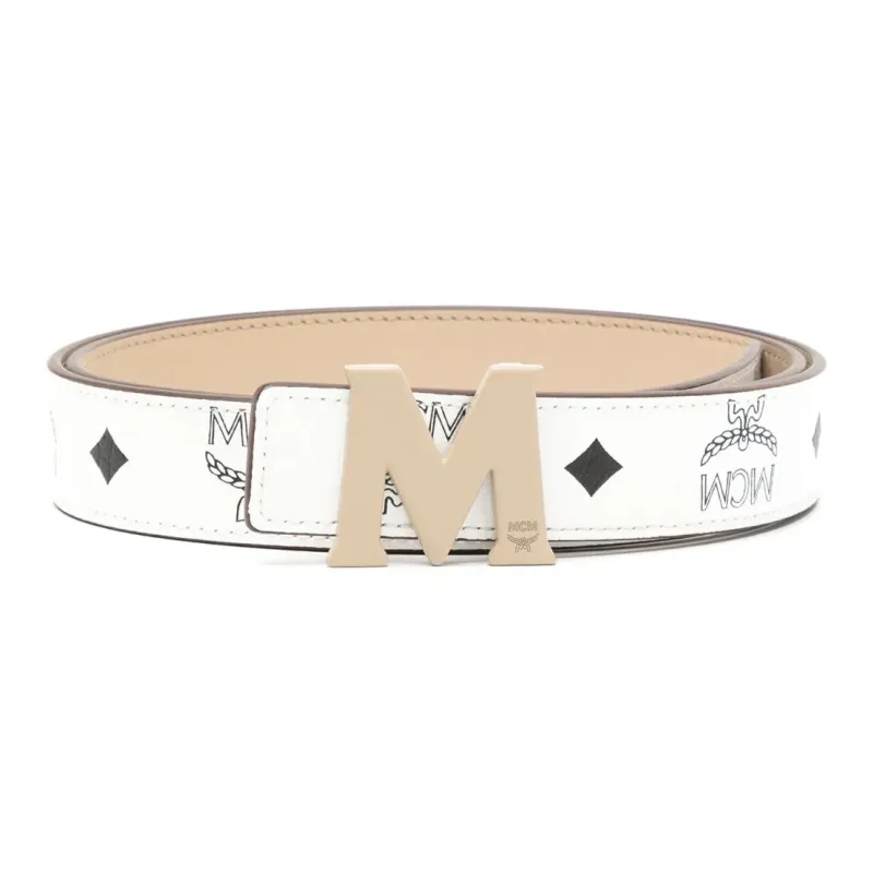 MCM Logo Print Smooth Buckle Leather Belts Unisex White Width  3CM-0