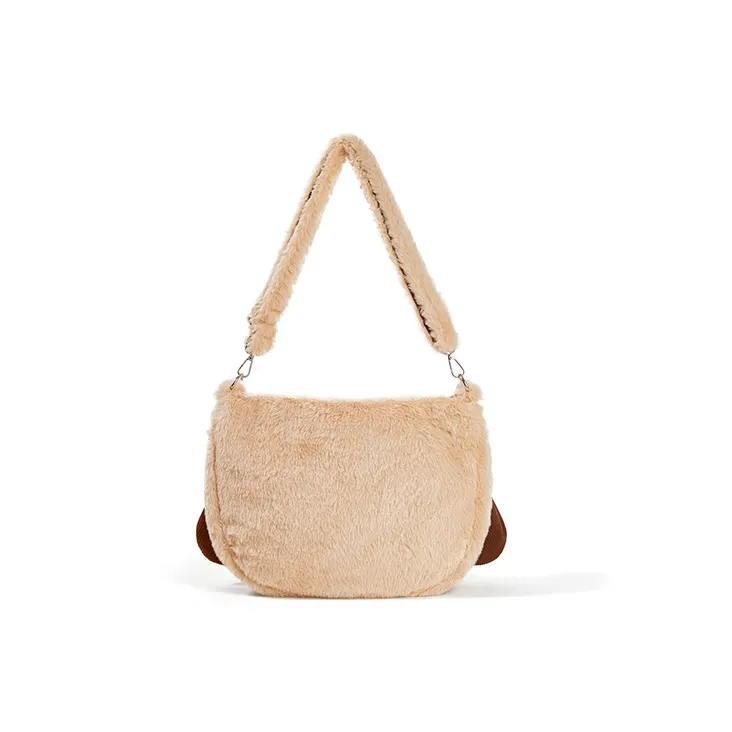 Sound For Life Fabric With Velvet Fuzzy Shoulder Bag Crossbody Bag Large Size Women's Ecru/Coffee-10