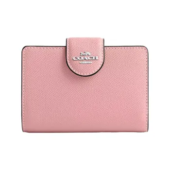 COACH Corner Zip Cross-Stitch Leather Coin Purses Wallets Medium Size Women's Light Blush & Silver