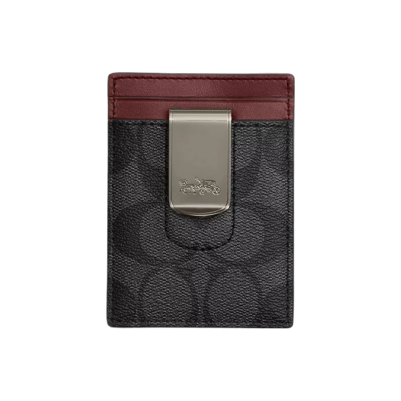 COACH 3 IN 1 Wallet Canvas With Calfskin ID Holder Card Sleeve Card Clip Card Holder Men's Charcoal Blended Red-1