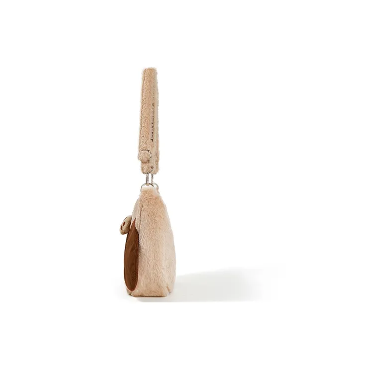 Sound For Life Fabric With Velvet Fuzzy Shoulder Bag Crossbody Bag Large Size Women's Ecru/Coffee-9
