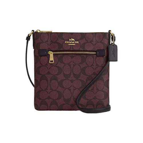 COACH Rowan Canvas With Leather File Bag Shoulder Bag Crossbody Bag Small Size Women's Gold & Deep Red